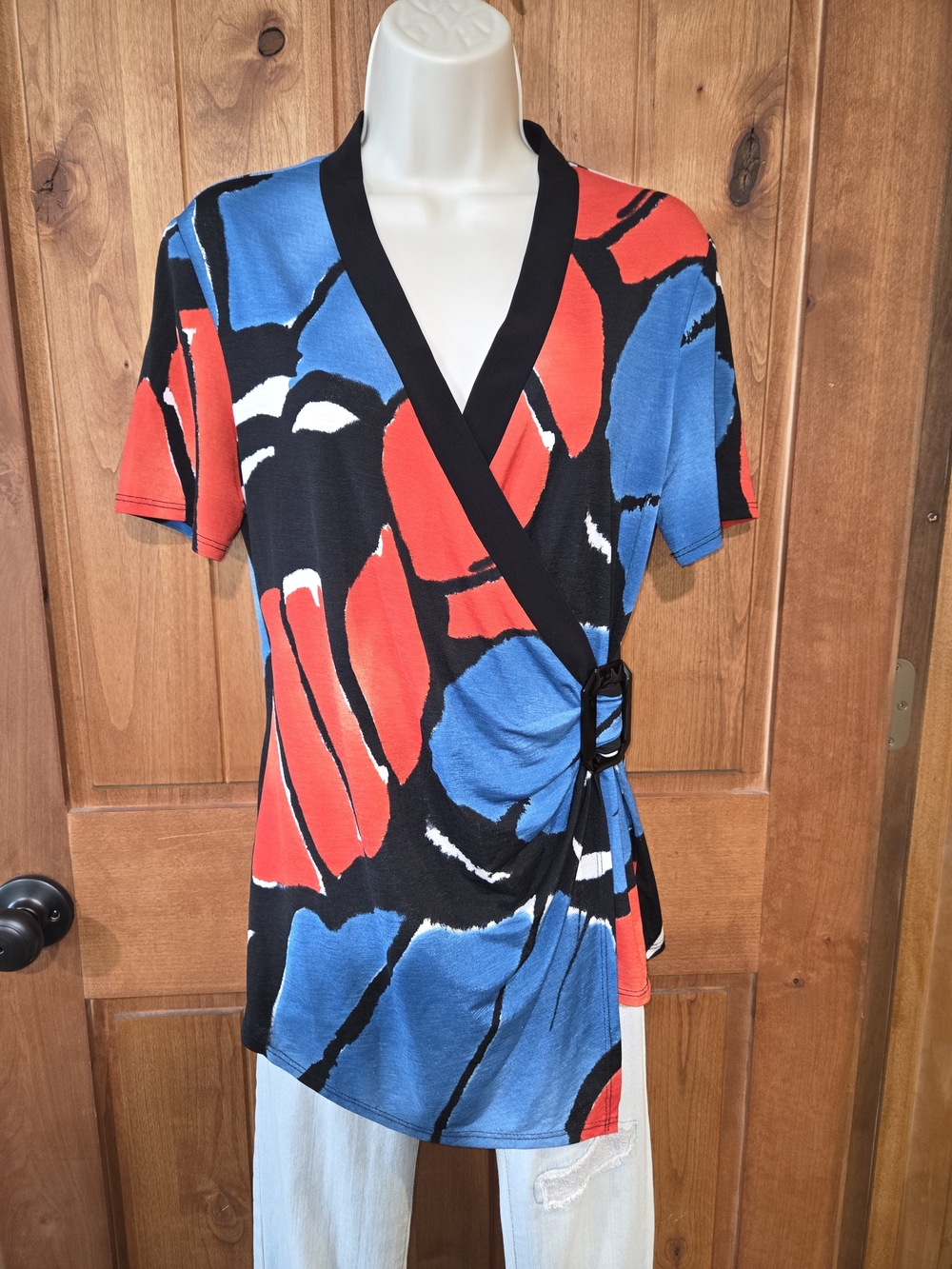 Frank Lyman Design Bold Abstract Wrap Top in Red, Blue & Black